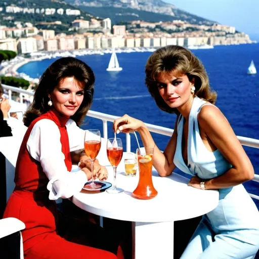 Prompt: Montecarlo, con vista sul mare e durante il gran premio, negli anni 80 con donne e uomini che fanno aperitivo