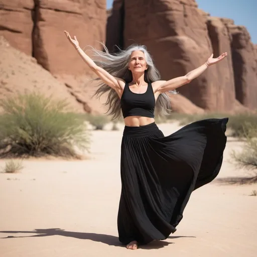 Prompt: A woman in the desert with long grey hair. She is wearing a black tank top and flowy black maxi skirt. Her arms are raised over her head. No glasses. Full length of body is visible