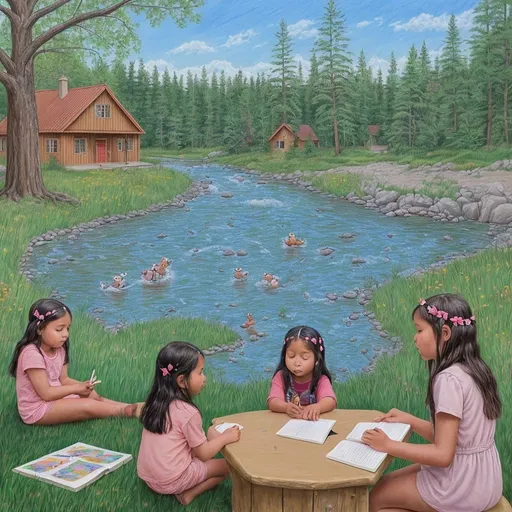 Prompt: In a peaceful village surrounded by tall trees and sparkling rivers, there lived a little Indigenous girl named Tawny. Tawny loved to listen to the stories her family shared, especially the ones about the Seven Grandfather Teachings. 

