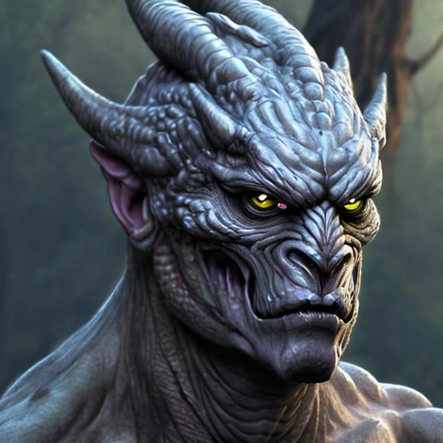 Prompt: Create an ultra-realistic fantasy creature Dragon mythological creature face-human face hybrid image  fantasy creature