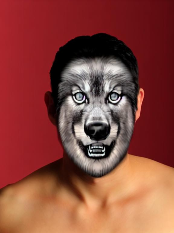 Prompt: Wolf  face  hybrid using my  own  face image to image face image