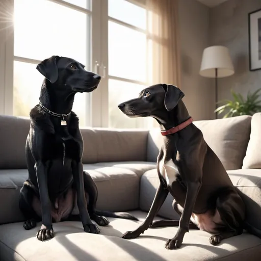 Prompt: Realistic 4k illustration of a large male black labrador retriever and small female italian greyhound sitting on a modern couch, sunlight streaming through the window, detailed fur with realistic reflections, serene atmosphere, modern interior, detailed facial features, cozy setting, high-quality, natural lighting, realistic, detailed fur, modern interior, sunny atmosphere