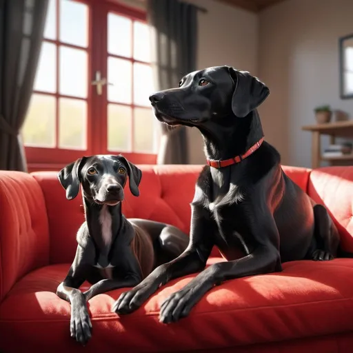 Prompt: Realistic 4k illustration of a big black labrador retriever and small Italian greyhound dog sitting on a red couch, sunlight streaming through the window, detailed fur with realistic reflections, serene atmosphere, modern interior, detailed facial features, cozy setting, high-quality, natural lighting, realistic, detailed fur, modern interior, sunny atmosphere