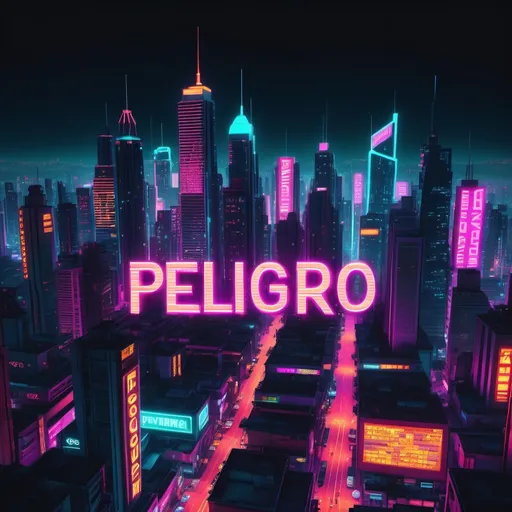 Prompt: (accurately spelled text "PELIGRO"), vibrant neon text, retrofuturistic city skyline, cyberpunk aesthetic, glowing lights, bold colors, detailed futuristic architecture, 1980s television show theme, electric color palette, high contrast, dynamic urban atmosphere, cinematic ambiance, moody nighttime setting, ultra-detailed, immersive depth, thriving city life elements, rich shadows, immersive storytelling style.