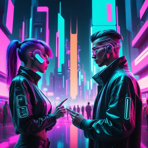 Prompt: Retro-futuristic scene with cyberpunk colors, two individuals communicating, one speaking assertively, the other passively. The background features neon cityscapes and vibrant holograms, highlighting contrasting body language.