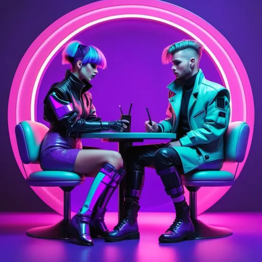 Prompt: 80 Retro futuristic cyber punk colors, couple talking, sitting facing each other with a background with purple palette