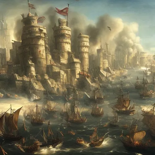 Prompt: An attack on a beach huge city castle by ships of a massive invading army 