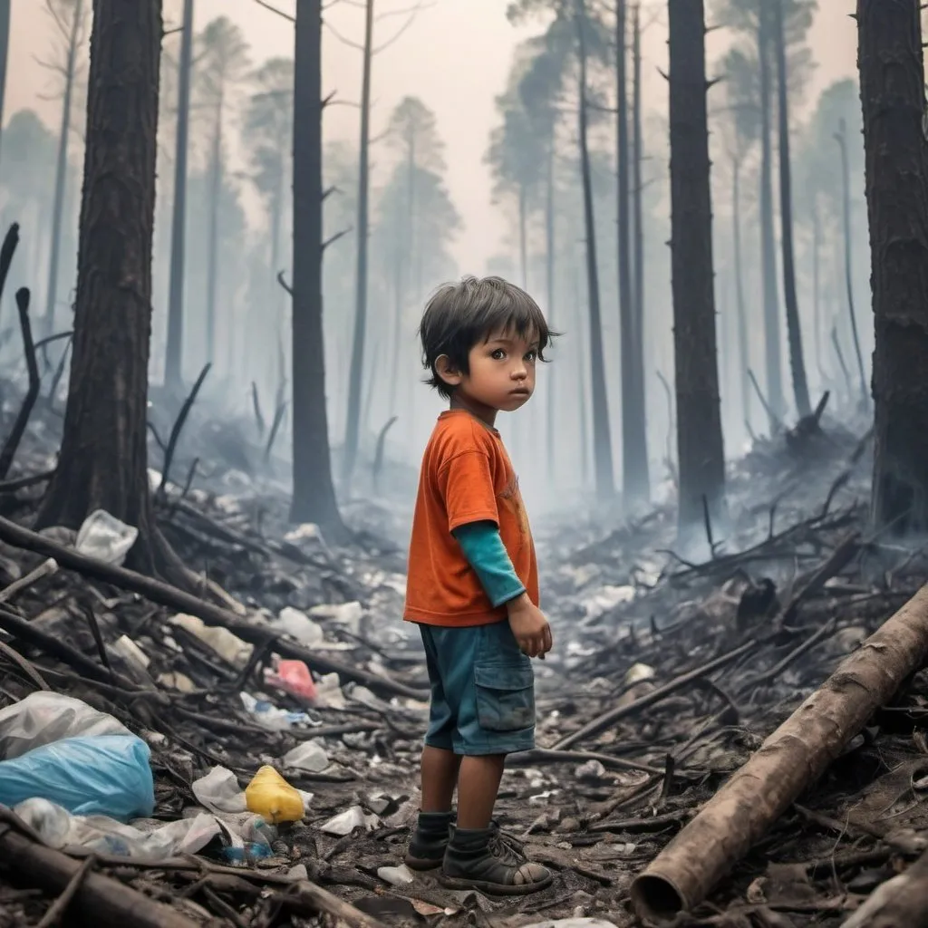 Prompt: A child lost in a forest that is heavily polluted with plastic, deforestation, forest fires and smog. Make it like its from a comic and make sure the child looks really small and the disaster of his surroundings is vivid 