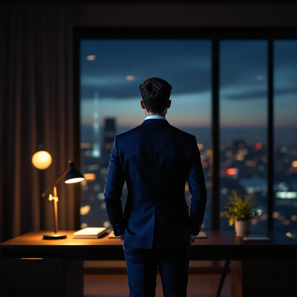 Prompt: Young businessman watched from the back, on a dark but professional enviroment