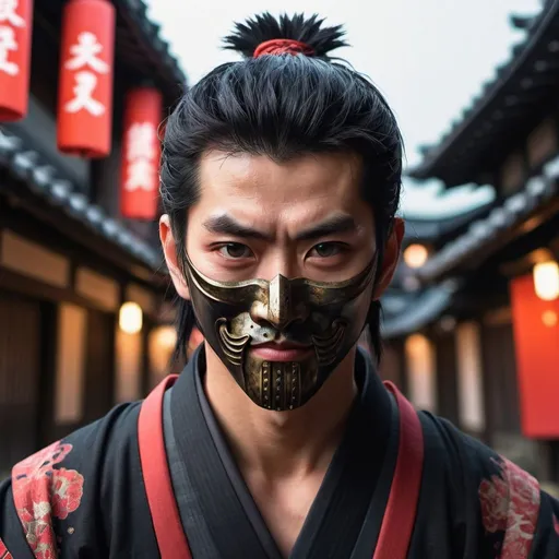 Prompt: Illustration of A weathered samurai from scorpion clan in Japan, 25 years old, he has short black hair with Japanese haircut, he has eye heterochromia. he wears a black wooden samurai mask covering half of his face, he wears a black kimono with red details, he has looking cold, In a medieval Japanese City, nightscape, twilight, dreamlike atmosphere, ultra wide angle, ground level view, low light, magical lighting, Unreal Engine, Cinematic, Color Grading, portrait Photography, Ultra-Wide Angle, Depth of Field, hyper-detailed, beautifully color-coded, insane details, intricate details, beautifully color graded, Lonely, Natural Lighting, Incandescent, Ray Tracing, Looking to the camera. Wearing a black wood samurai mask covering half of his face.