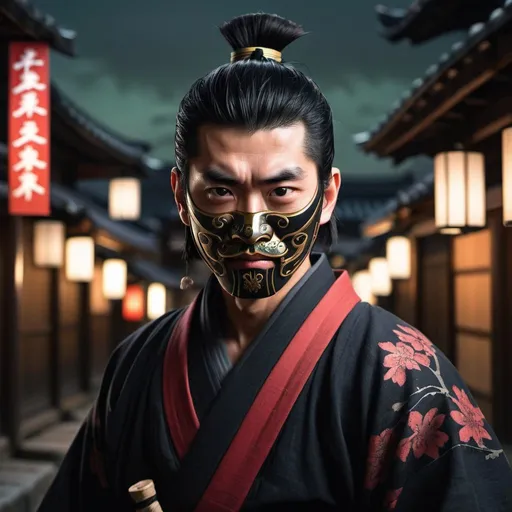 Prompt: Illustration of A weathered samurai from scorpion clan in Japan, 25 years old, he has short black hair with Japanese haircut, he has one black eye and one green eye. he wears a black wooden samurai mask covering half of his face, he wears a black kimono with red details, he has looking cold, In a medieval Japanese City, nightscape, twilight, dreamlike atmosphere, ultra wide angle, ground level view, low light, magical lighting, Unreal Engine, Cinematic, Color Grading, portrait Photography, Ultra-Wide Angle, Depth of Field, hyper-detailed, beautifully color-coded, insane details, intricate details, beautifully color graded, Lonely, Natural Lighting, Incandescent, Ray Tracing, Looking to the camera. Wearing a black wood samurai mask covering half of his face.