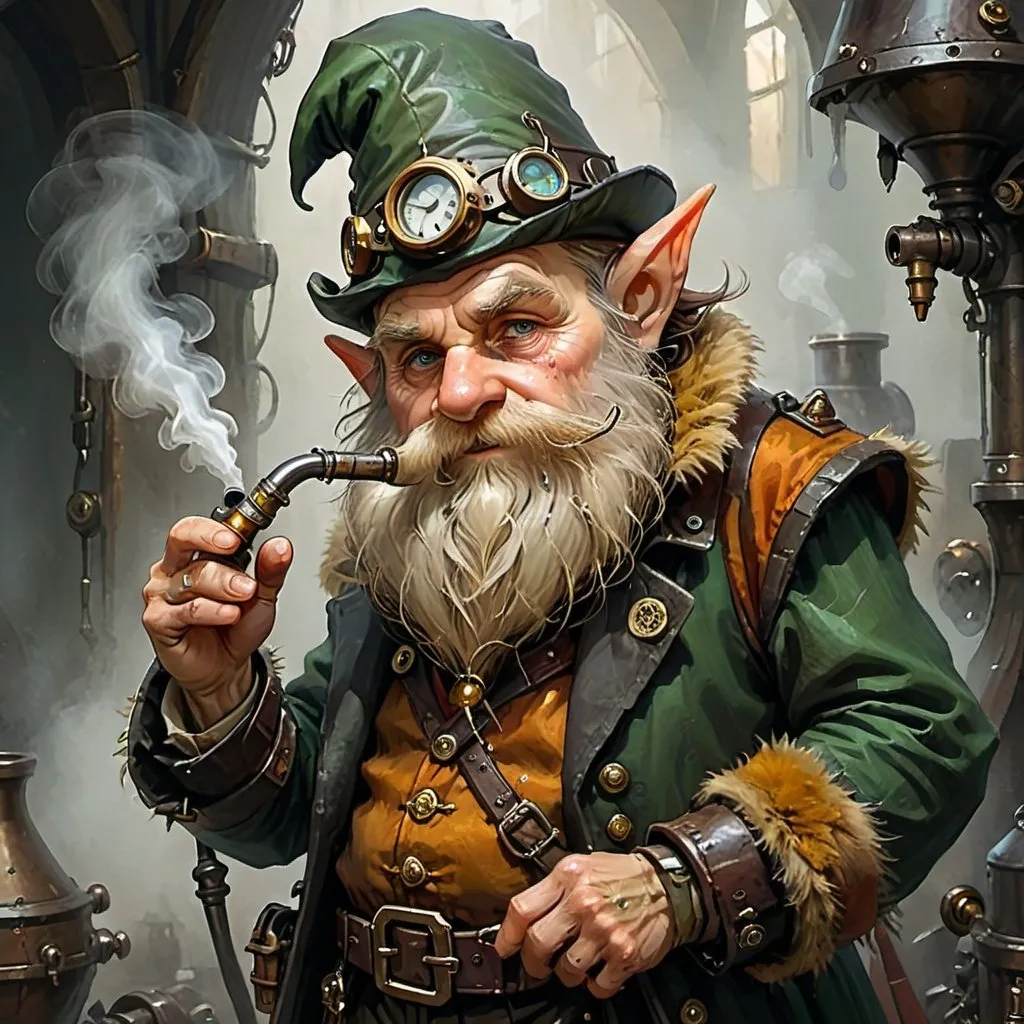 Prompt: Gnome, long beard, thin, short hair, scar on face, old man in bad mood face, steampunk, Colorful Clothes with gold, Fur clothes, noble, hat, tall hat, Brown and green, wear a monocle, tobacco pipe, DnD, D&D, Dungeon and Dragons, Dark fantasy