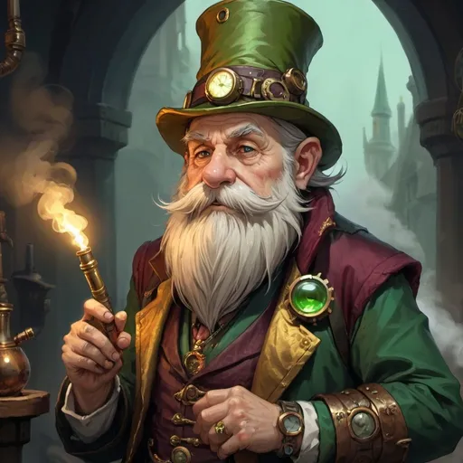 Prompt: Gnome, long beard, short hair, scar on face, old man in bad mood face, steampunk,  Colorful Clothes with gold, Fur clothes, noble, tall hat, Brown and green, wear a monocle, staff, smoke pipe , DnD, D&D, Dungeon and Dragons, Dark fantasy