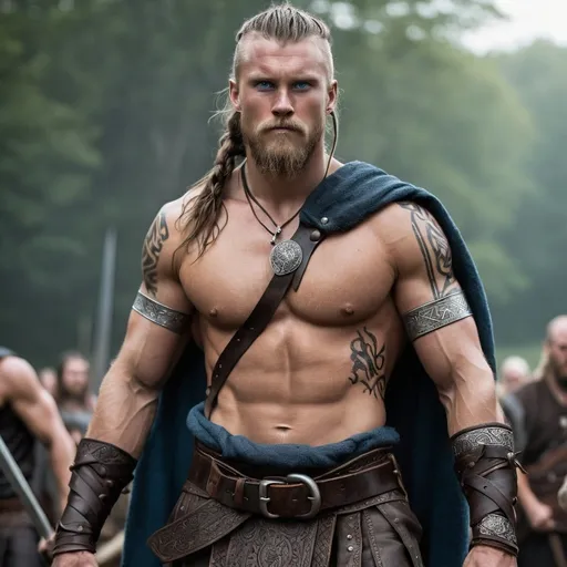 Prompt: A towering Viking man, standing at six feet five inches tall, with long black hair in intricate braids flowing down his back. His piercing blue eyes and chiseled face give him a fierce and determined look. He has a muscular, well-defined physique with sun-kissed, scarred skin. He wears minimal clothing, consisting of a sturdy leather belt adorned with Norse symbols and a simple loincloth made of rough-spun fabric. Leather arm bands wrap around his forearms. In his right hand, he wields a gleaming sword with a leather-wrapped hilt and a guard etched with Norse patterns. In his left hand, he holds a round wooden shield reinforced with iron bands, bearing the marks of numerous battles. His presence is both intimidating and inspiring, embodying the Viking warrior spirit."