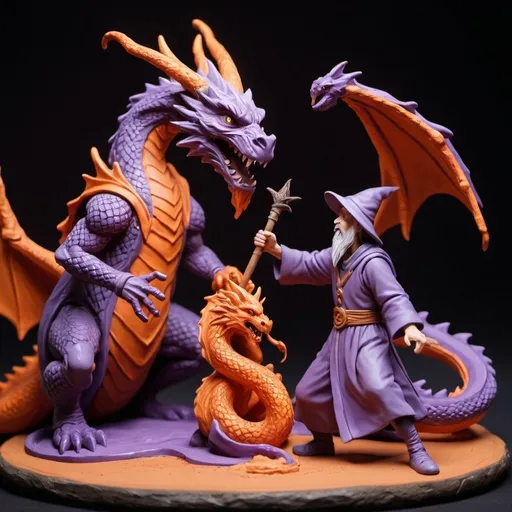 Prompt: A wizard fighting a dragon with a powerful spell, they are made of actual clay, purple and orange scene 