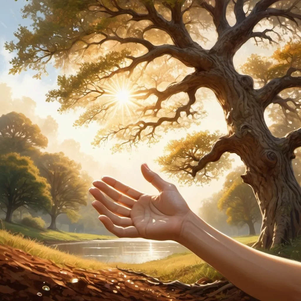 Prompt: A serene digital painting of a majestic oak tree, golden sunlight filtering through the leaves, rich and fertile soil, a gentle hand reaching out with care, a soft gust of wind rustling the leaves, crystal clear water droplets, high quality, detailed digital painting, peaceful, warm tones, nurturing lighting and a beautiful human hand reaching out