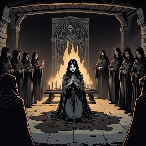 Prompt: graphic novel image, Dark ritual chamber, flickering candlelight casting long shadows, cult members in dark robes chanting, one young woman with black hair lying on a stone slab, other cultists surrounding, ominous and eerie atmosphere, medieval or Gothic style