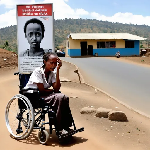 Prompt: Imagine an Ethiopian adult with disabilities who doesn't have a wheelchair but crawls. Situate her in a healthcare setting, a clinic, where she is trying to get to the doctor, who is standing carelessly at the billboard read primary healthcare facility. She looks sick and neglected, hence frustrated and hopeless. There is a broken wheelchair in the background on a very sleepy, hilly ramp.  