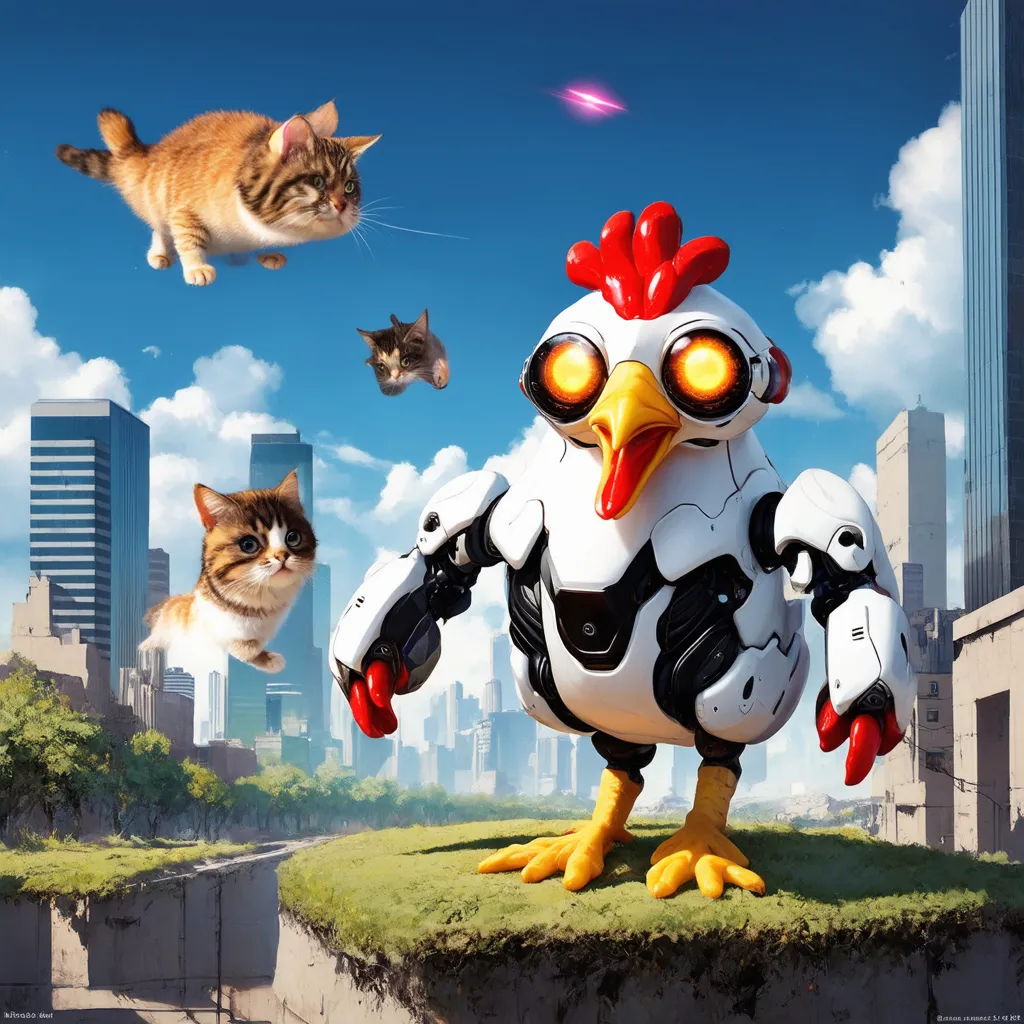 Prompt: alien cats attacking cities with giant cyborg chicken with laser eyes defending the city  