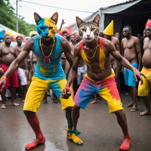 Prompt: cats playing with mocko jumbies during jouvert