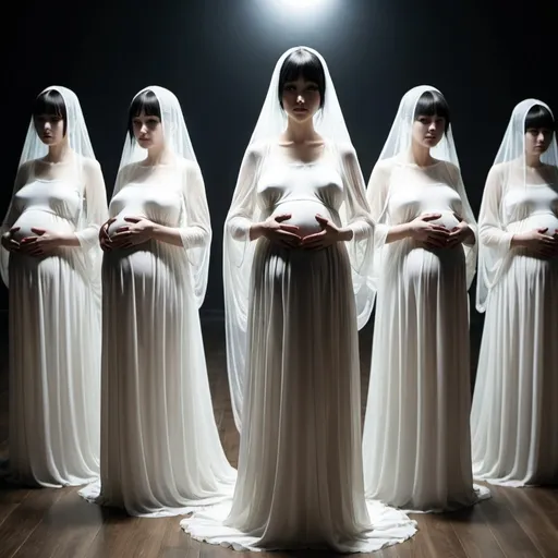 Prompt: Multiple pregnant long-straight-black haired ghost girls are wearing long white dresses.