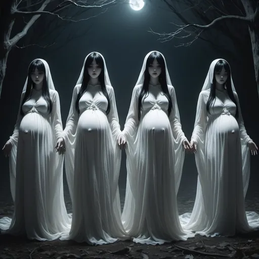 Prompt: Multiple pregnant creepy scary long-straight-black haired anime ghost girls are wearing long white dresses.