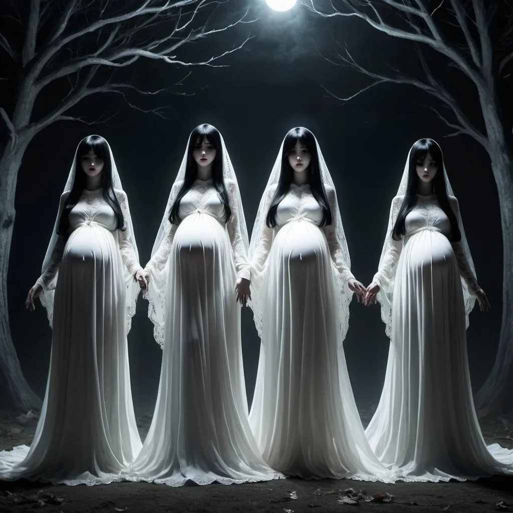 Prompt: Multiple pregnant scary long-straight-black haired anime ghost girls are wearing long white dresses.