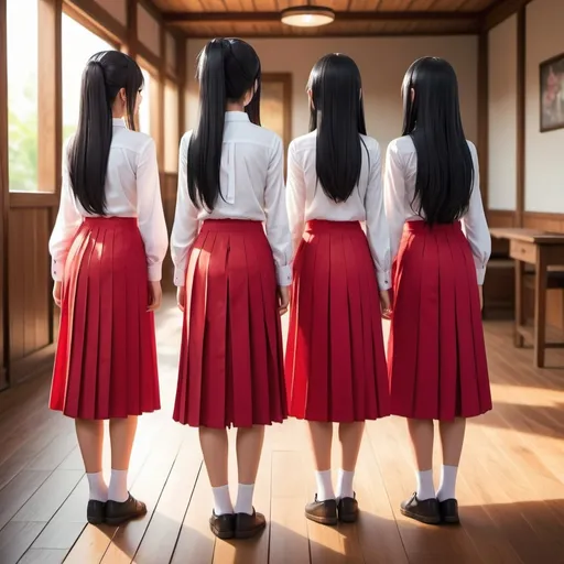 Prompt: The backs of multiple long-straight-black haired anime girls who are wearing white buttoned shirts and maxi long pleated red skirts while standing on a wooden floor.