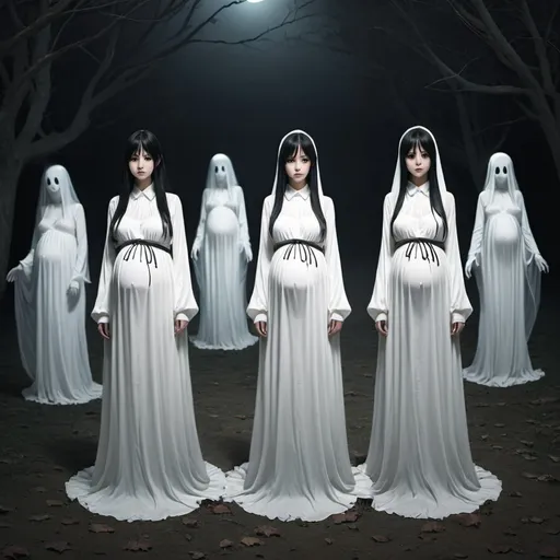 Prompt: Multiple pregnant creepy scary long-straight-black haired anime ghost girls are wearing long white dresses.