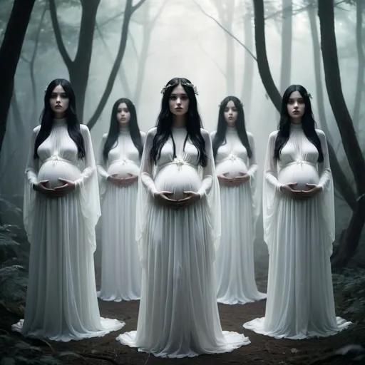 Prompt: Multiple pregnant long-straight-black haired ghost girls are wearing long white dresses.