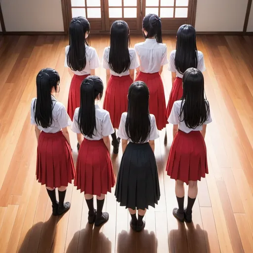 Prompt: The backs of multiple long-straight-black haired anime girls who are wearing white buttoned shirts and maxi long pleated red skirts while standing on a wooden floor.