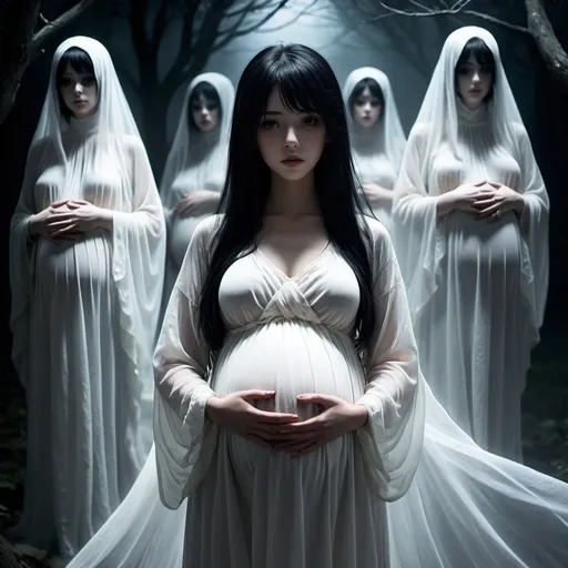 Prompt: Multiple pregnant scary long-straight-black haired anime ghost girls are wearing long white dresses.