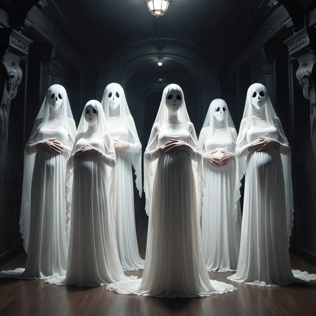 Prompt: Multiple pregnant scary long-straight-black haired anime ghost girls are wearing long white dresses.