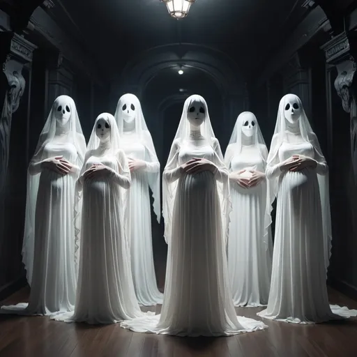 Prompt: Multiple pregnant scary long-straight-black haired anime ghost girls are wearing long white dresses.