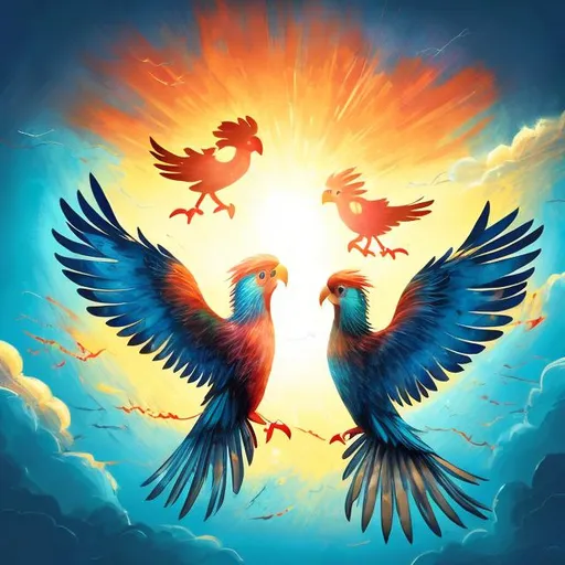 Prompt: Generate a poignant scene where two resilient birds triumphantly break free from confinement, their vibrant feathers catching the light as they soar into a hopeful sky, leaving behind the shadows of captivity.