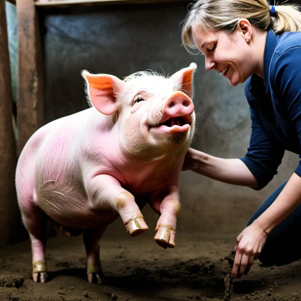Prompt: A pig is playing with her master 