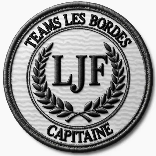 Prompt: Create a refined, luxurious, embroidered-style circular patch with a lgrey background and dark grey border. At the top of the circle, in an elegant dark grey uppercase serif font, include the text "TEAMS LES BORDES". At the center, prominently place the initials "LJF" in sophisticated dark grey uppercase letters, surrounded by a minimalist dark grey laurel wreath. At the bottom of the circle, in a matching dark grey uppercase serif font arranged in a subtle curve, include the word "CAPITAINE". Ensure the design evokes exclusivity, elegance, and sophistication, perfect for premium apparel.