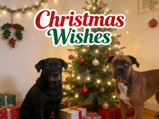 Prompt: Create a christmas whishes video from the 2 dogs in the pictures?

