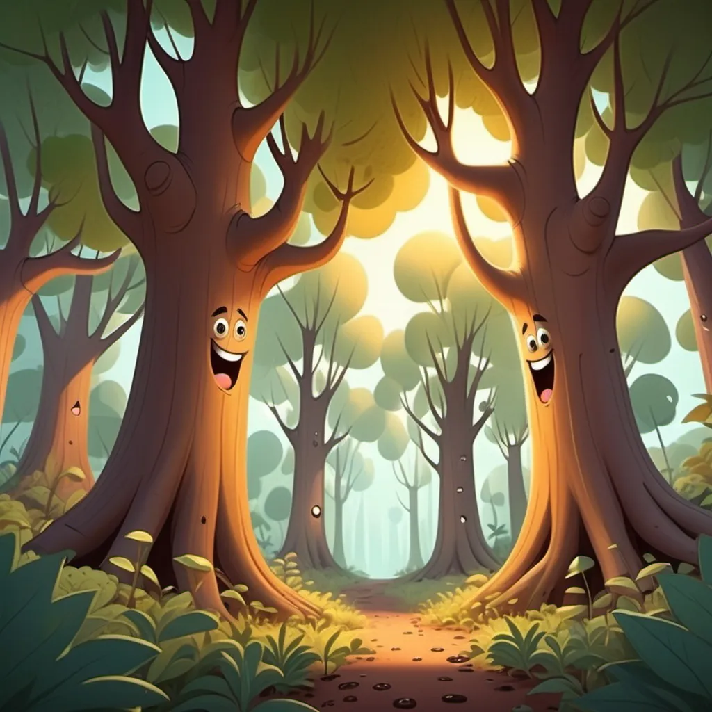 Prompt: Big trees smiled and look at the tiny seeds with warm lighting in cartoon style like the previous scrne