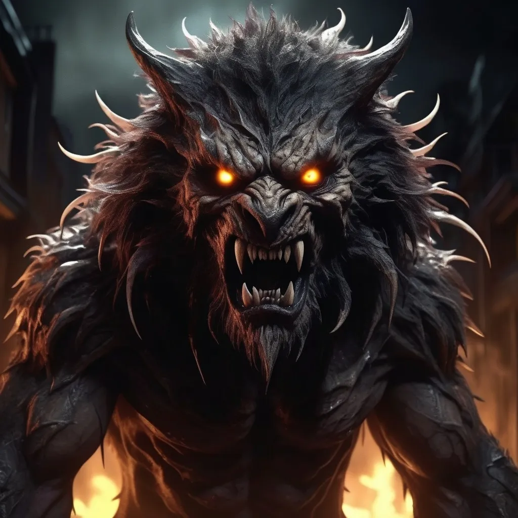 Prompt: (crazed psychotic beast creature), wild and fierce expression, fur bristling and claws bared, intense glowing eyes, chaotic atmosphere, dark and menacing background, swirling shadows, ominous lighting casting stark contrasts, high energy visual style, haunting presence, ultra-detailed, 4K resolution, unsettling and eerie mood, highly imaginative design.