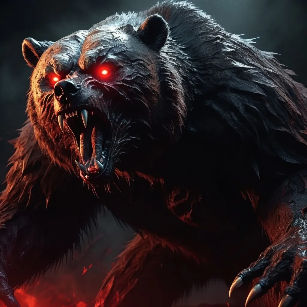 Prompt: (crazed psychotic bear beast creature), wild and fierce expression, fur bristling and claws bared, intense glowing red eyes, chaotic atmosphere, dark and menacing background, swirling shadows, ominous lighting casting stark contrasts, high energy visual style, haunting presence, ultra-detailed, 4K resolution, unsettling and eerie mood, highly imaginative design.