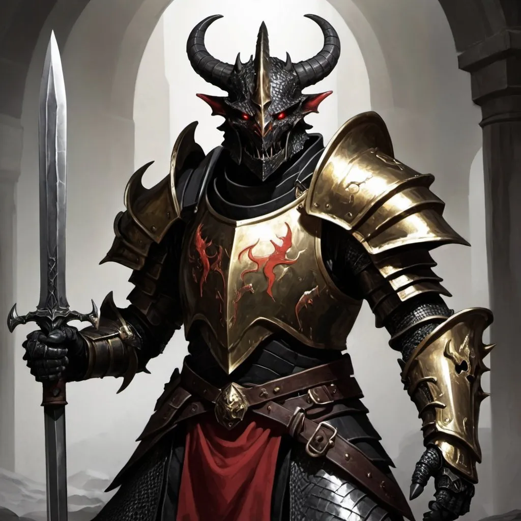 Prompt: Black Dragonborn Gold Horns Red Eyes Knight Greatsword