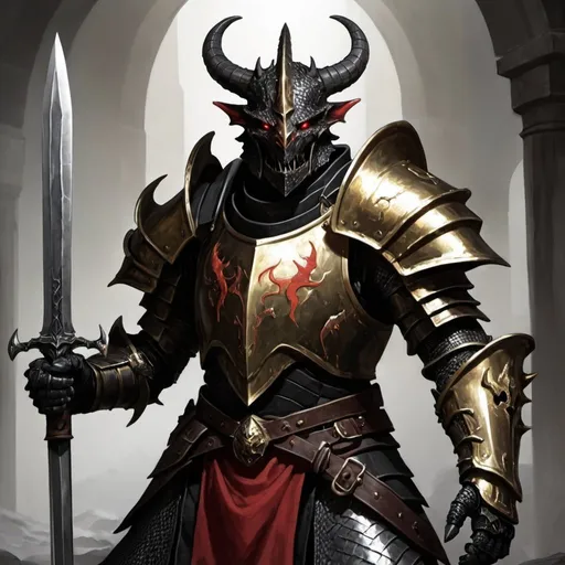 Prompt: Black Dragonborn Gold Horns Red Eyes Knight Greatsword