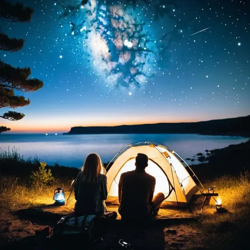 Prompt: a man and his white girlfriend in a camping and looking at the stars from the coast
