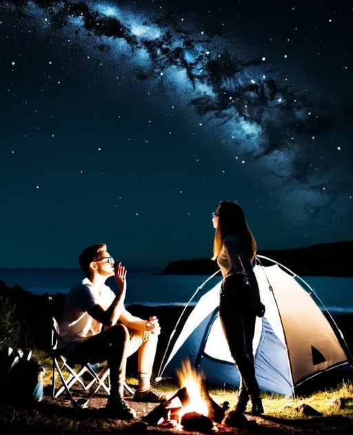 Prompt: a man and his white girlfriend in a camping and looking at the stars from the coast, she's have glasses and he doesn't.