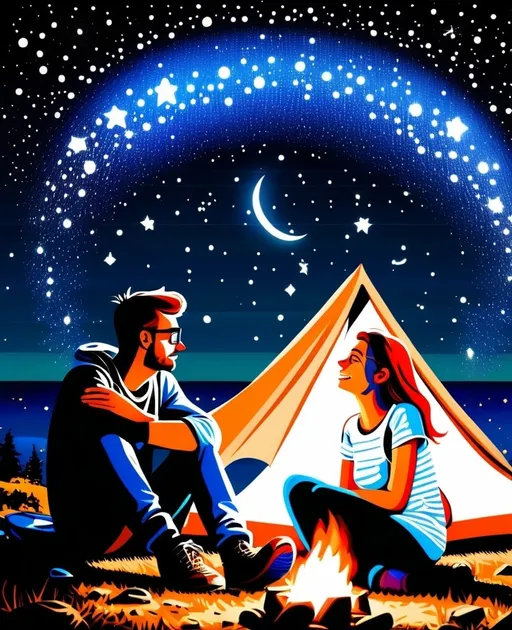 Prompt: a man and his white girlfriend in a camping and looking at the stars from the coast, she's have glasses and he doesn't.