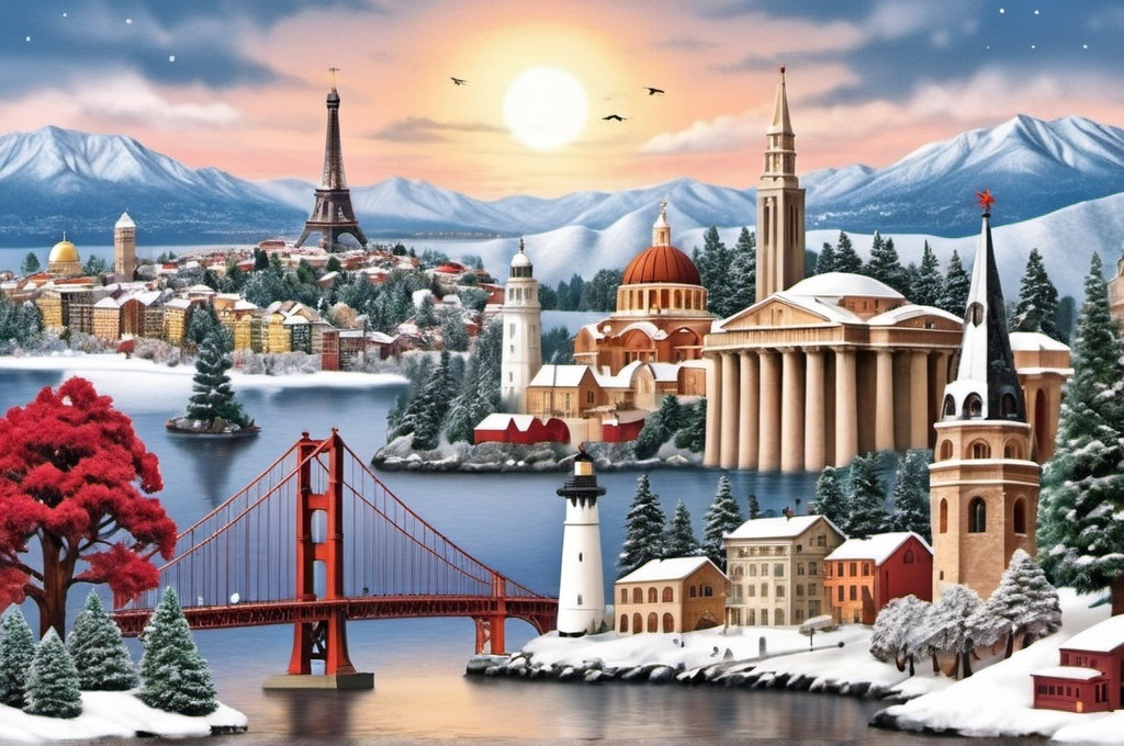 Prompt: Give me a city on the water with the Golden Gate Bridge in the background, the Hagia Sophia on a hill, a Maine lighthouse, the Eiffel Tower, the San Diego Mission, and the Lake Bled castle on an island to the side.  Make it a photo-realistic Christmas scene