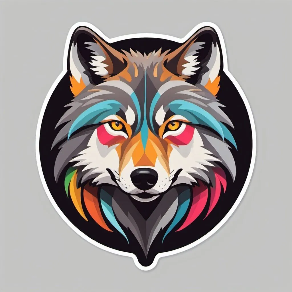 Prompt: Sticker, solid background， depiction of a wolf using minimal design elements and bright colors