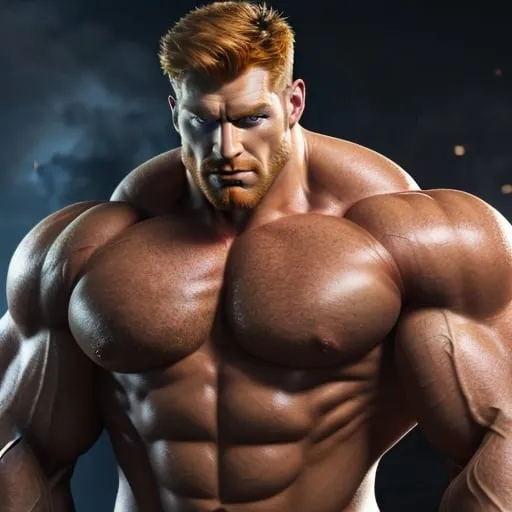 Prompt: Digital art of a massive, muscular, military man with ginger hair, superhero-themed, close-up shot, extremely masculine, huge pumped pecs, bulging biceps, v-shaped torso, wide shoulders, small waist, ripped physique, muscle morphing, strong facial features, short hairs, high-res, detailed, masculine, superhero, close-up, powerful, intense lighting