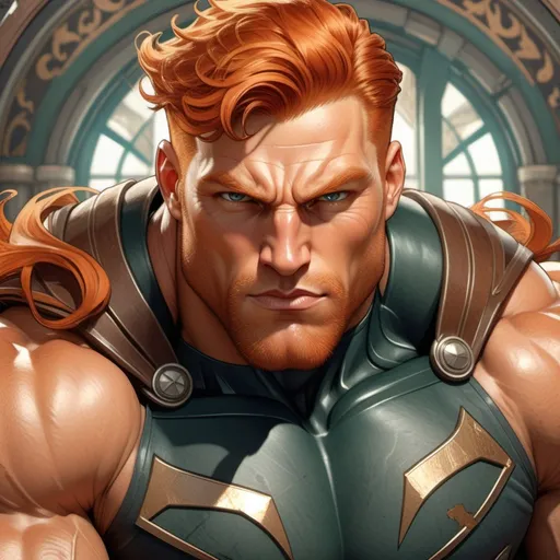 Prompt: Digital art of a massive, muscular, military man with ginger hair, superhero-themed, close-up shot, extremely masculine, huge pumped pecs, bulging biceps, v-shaped torso, wide shoulders, small waist, ripped physique, muscle morphing, strong facial features, short hairs, high-res, detailed, masculine, superhero, close-up, powerful, intense lighting